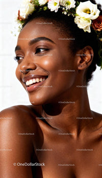 Smiling woman with floral crown and radiant skin