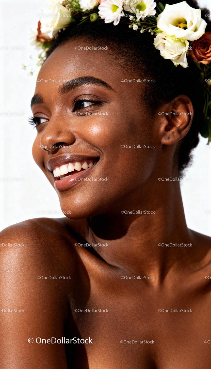 Smiling woman with floral crown and radiant skin