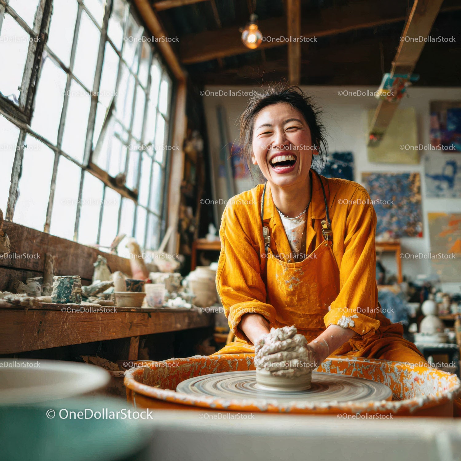 Joyful Woman Creating Handmade Pottery in Artistic Studio