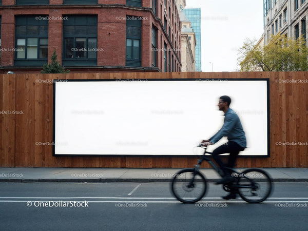 Miejski rowerzysta mijający ogromny, pusty billboard na zewnątrz