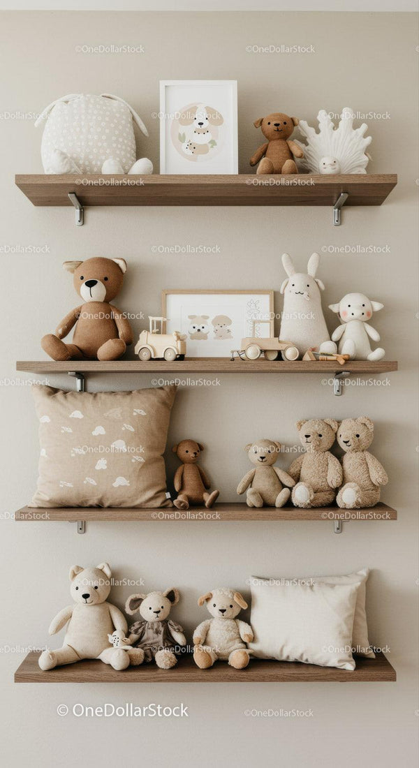 Cute Plush Toys and Kids Room Decor with Shelves Displayed