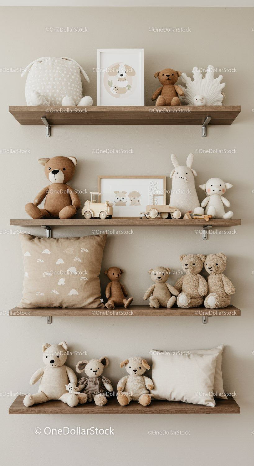 Cute Plush Toys and Kids Room Decor with Shelves Displayed