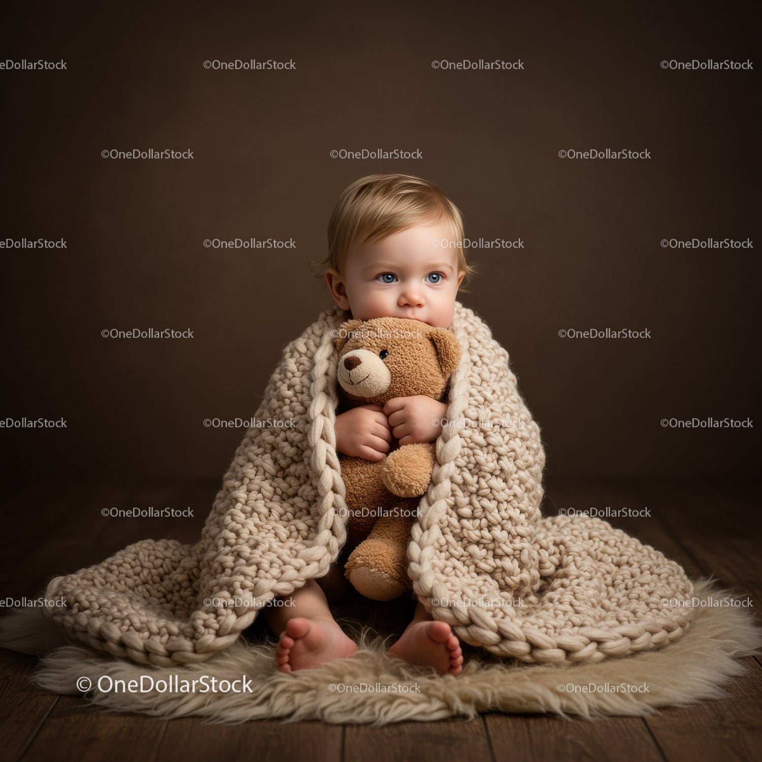 Toddler wrapped in knit blanket hugging teddy bear