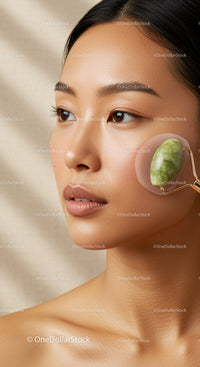 Elegant Woman Using Jade Roller for Facial Massage Skin Care