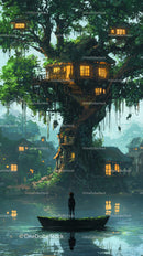 Magical Treehouse in Enchanted Forest with Luminous Windows and Serene Lake