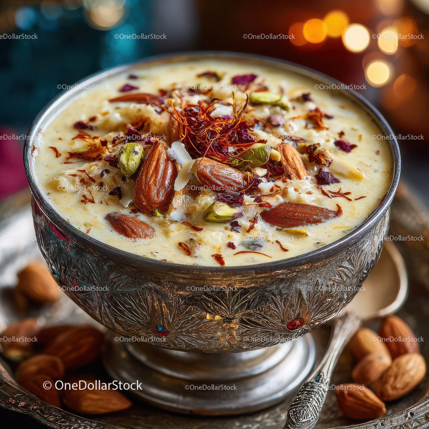 Silver bowl filled with traditional Indian sweet topped with nuts and saffron