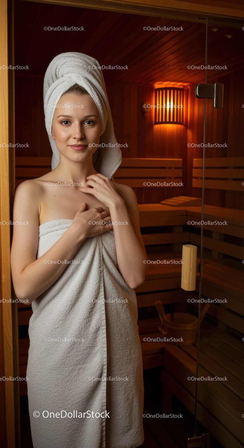 Young Woman Relaxing in Sauna with Towel and Wooden Interior