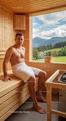 Relaxing Man Sitting in a Wooden Sauna with Mountain View