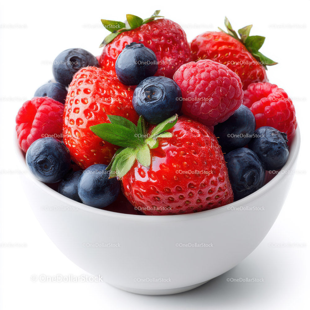 Fresh Mixed Berries in a White Bowl with Green Leaves