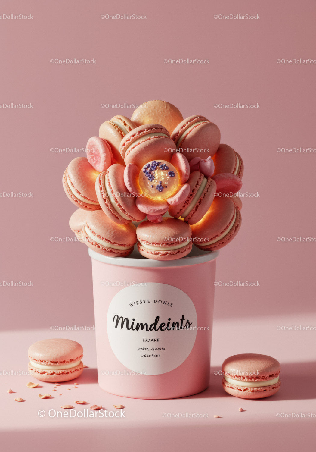 Pink macaron bouquet in pastel container on pink background