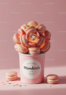 Pink macaron bouquet in pastel container on pink background
