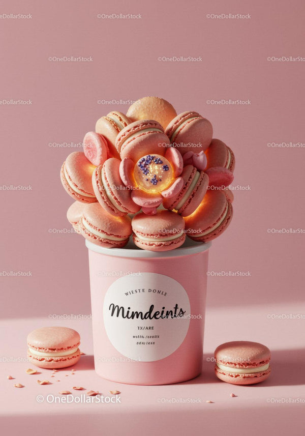 Pink macaron bouquet in pastel container on pink background