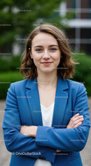 Young Confident Businesswoman in Blue Blazer in Outdoor Setting