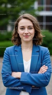 Young Confident Businesswoman in Blue Blazer in Outdoor Setting