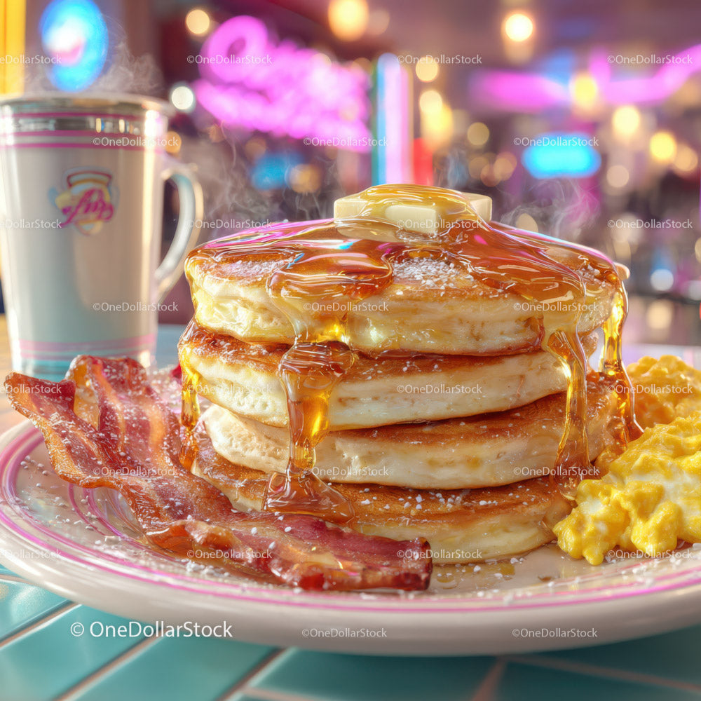 Stack of Fluffy Pancakes with Syrup and Bacon on a Breakfast Plate