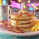 Stack of Fluffy Pancakes with Syrup and Bacon on a Breakfast Plate