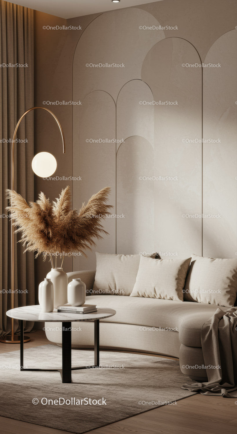 Przytulny beżowy salon z nowoczesną, wygiętą sofą