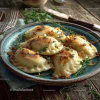 Baked Gnocchi with Herbs and Crispy Toppings on Rustic Table