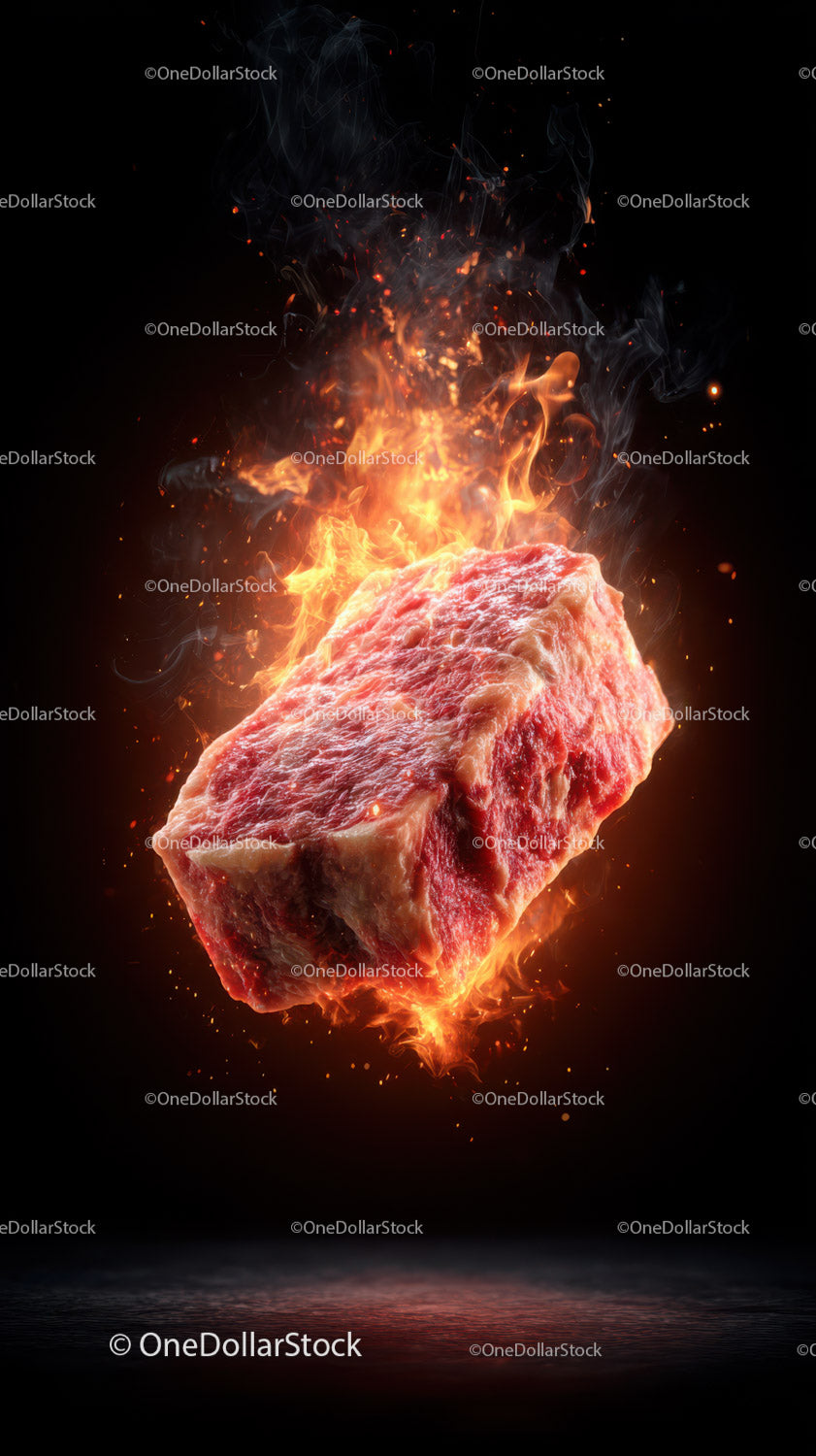 Juicy Steak with Flames and Fire in a Dark Background