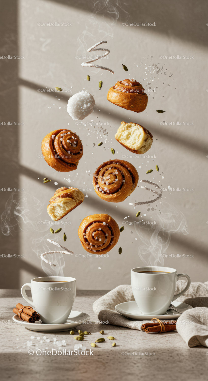 Steaming Coffee with Floating Cinnamon Rolls and Spices