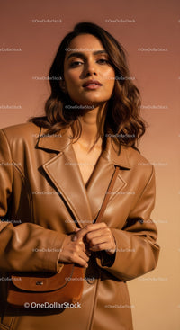Stylish Woman Wearing Leather Jacket and Handbag in Studio