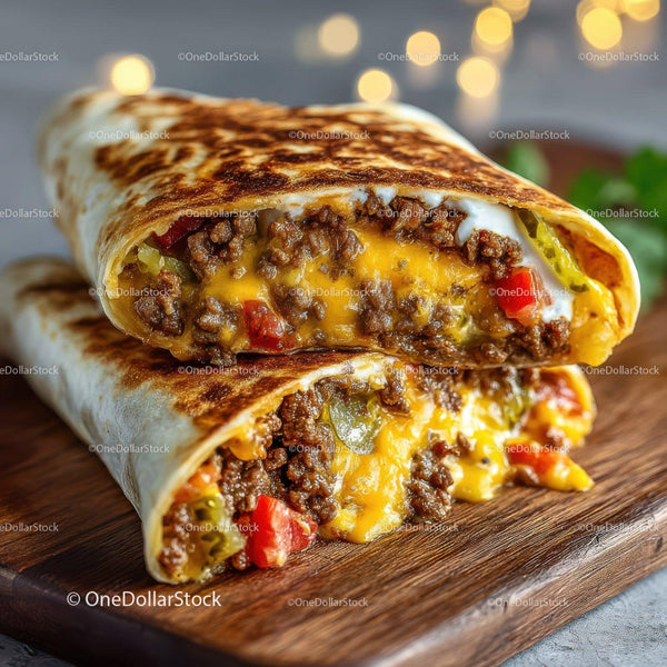 Beef and Cheese Burrito with Fresh Vegetables in Crispy Tortilla