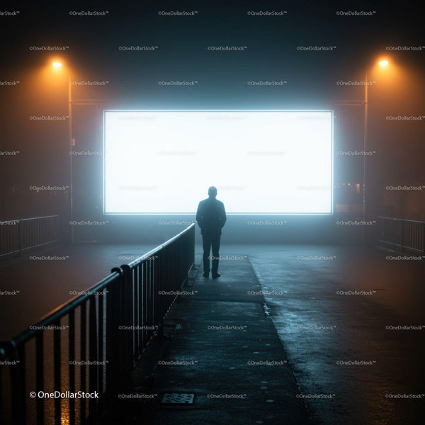 Silhouette of man standing before glowing billboard at night JPG Mockup Image