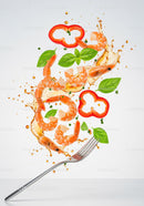 Fresh shrimp with basil and red pepper splash on fork