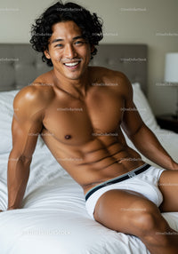 Smiling muscular man relaxing on white bed indoors