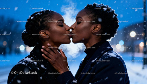Same-sex couple sharing a tender kiss in snowy evening
