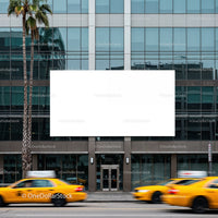 Yellow Taxis Passing a Modern Office Building Facade