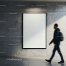 Blurred Man Walking Past Blank Poster on Concrete Wall