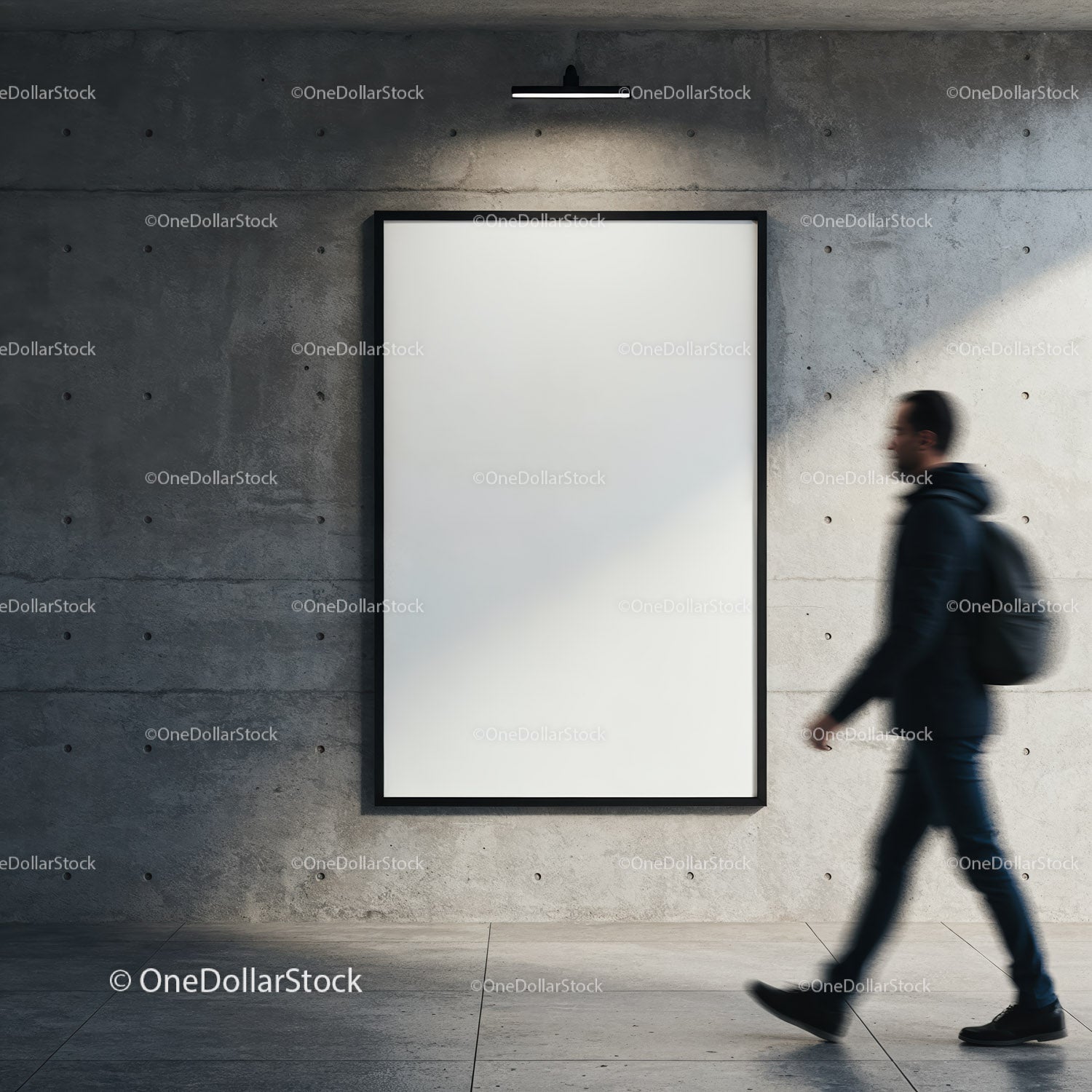 Blurred Man Walking Past Blank Poster on Concrete Wall