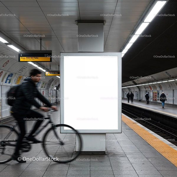 Cyclist passing empty advertisement in modern subway station JPG Mockup Image