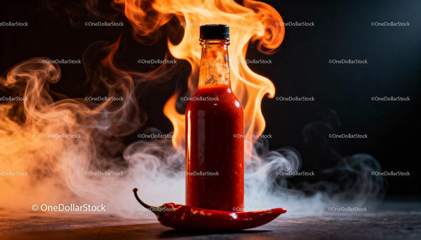 Fiery hot sauce bottle with chili pepper and flames