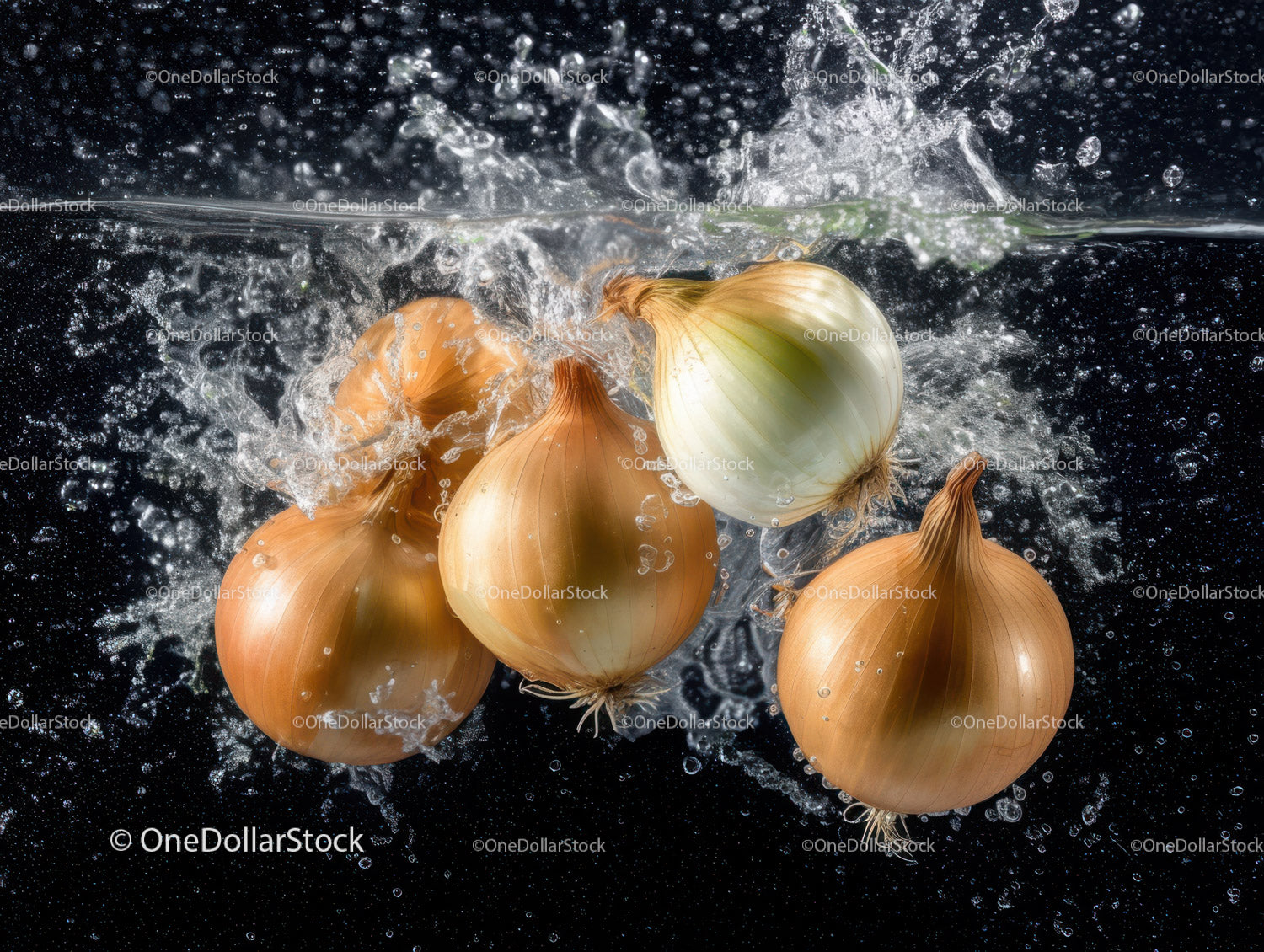 Fresh Onions Falling into Water Creating Splash and Bubbles
