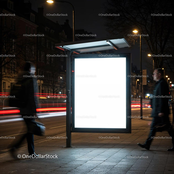 Two business people walking past illuminated street billboard JPG Mockup Image