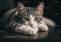 Close up of attentive tabby cat lying on dark floor