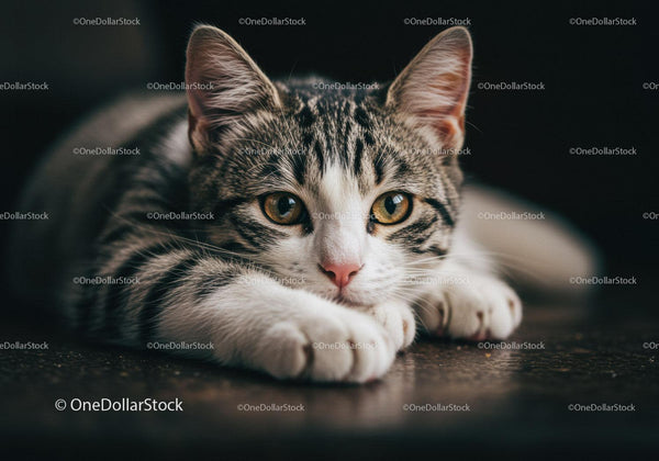 Close up of attentive tabby cat lying on dark floor
