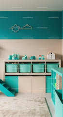 Bright Children's Playroom with Teal Storage and Toy Collection
