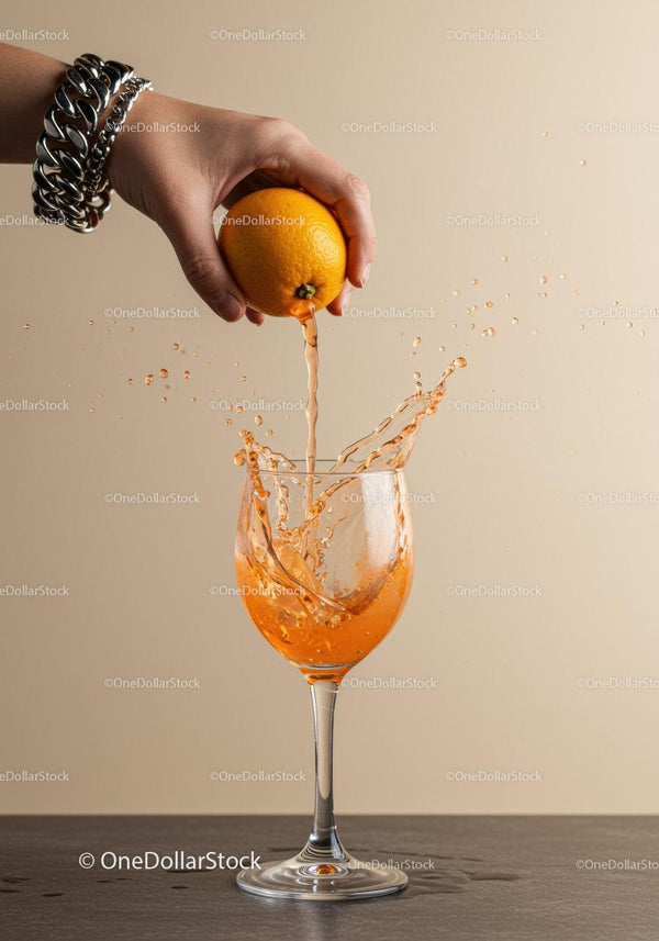 Hand squeezing fresh orange juice into wine glass splash