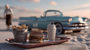 Vintage Car and Beachside Picnic with Hamburger Milkshake and French Fries