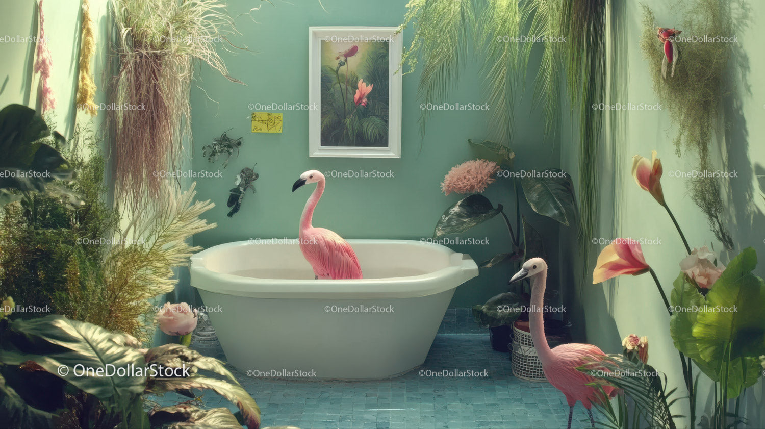 Tropical Botanical Bathroom Decor with Flamingos and Lush Houseplants