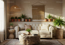 Cozy living room with natural decor and green plants
