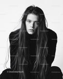 Elegant Black and White Portrait of Young Woman with Long Hair