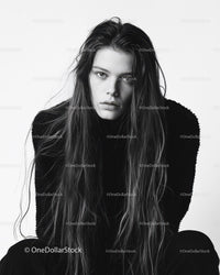 Elegant Black and White Portrait of Young Woman with Long Hair