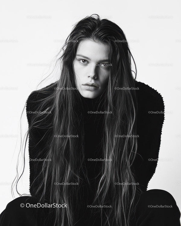 Elegant Black and White Portrait of Young Woman with Long Hair