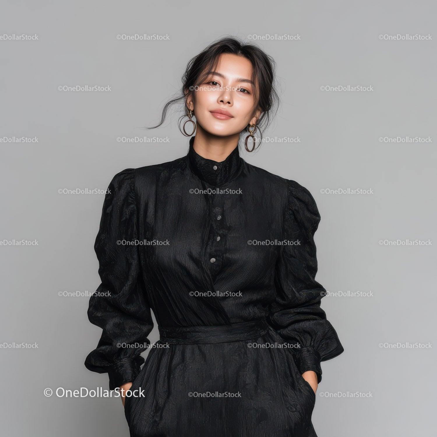 Elegant Woman in Black Shiny Dress with Statement Earrings