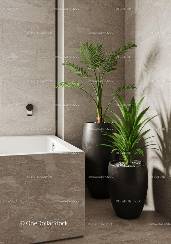 Minimalist Bathroom with Green Houseplants and Elegant Marble Surfaces