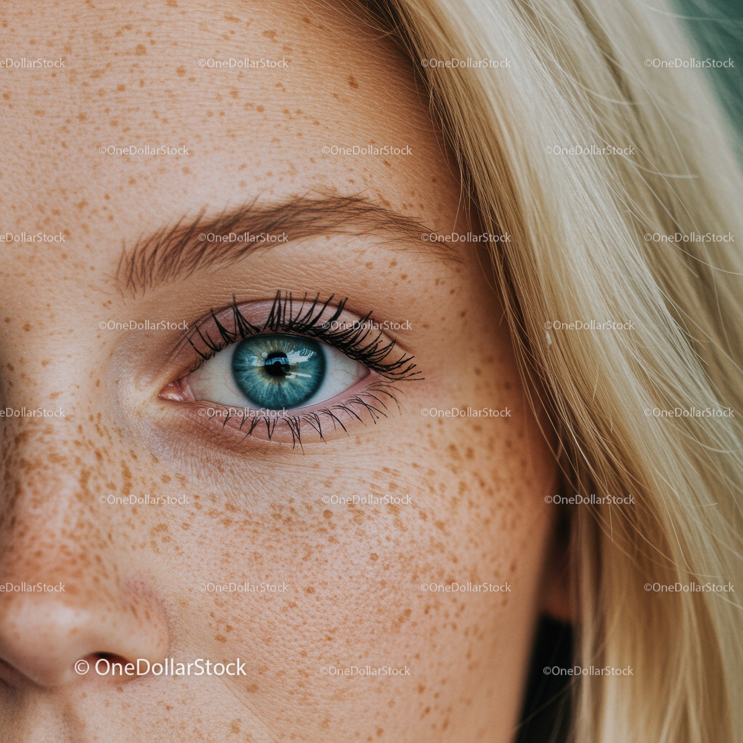 Close up of blue eye and blonde hair with freckles